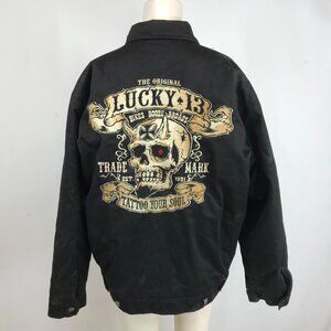 Lucky 13 Jacket Mens LARGE Black Skull Work Jacket Biker Grunge Large